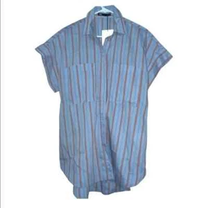 Zara Striped Oversized Shirt Button Up Short Sleeve Blue NWT Size XS - Picture 1 of 7