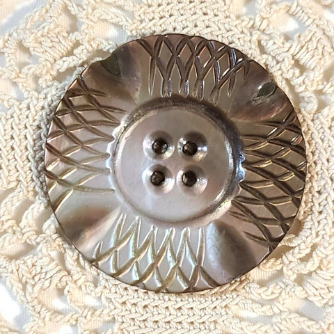 Large Antique Victorian Carved Abalone Mother-of-Pearl Button 1-11/16" Cover