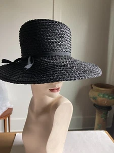LOVELY VTG PHILIPPE of PARIS BLACK STRAW WIDE BRIM SUMMER HAT - Picture 1 of 5