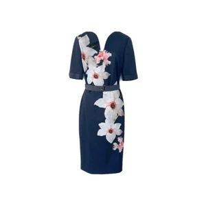 TED BAKER Bisslee Chatsworth Bloom Bold Floral Logo Belted Dress SIZE 4 (UK ) 14 - Picture 1 of 13