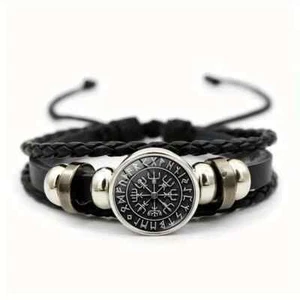 Bracciale regolabile in ecopelle con bussola vichinga nordica Odin Thor NUOVO *venditore UK* - Foto 1 di 1