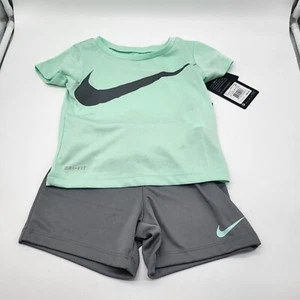 NIKE Toddler 18M Smoke Gray Mint 2 pc Shirt Shorts Outfit Swoosh NWT Dri Fit - Picture 1 of 5
