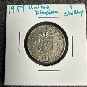 1959 Great Britain 1 Shilling AU. 3 Lion Shield Coat Of Arms. Rare No Mag Regina - Picture 1 of 4