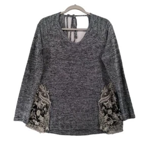 Charming Charlie Embroidered Sweater L Black Long Sleeve Accent Knit Tie in Back - Picture 1 of 10