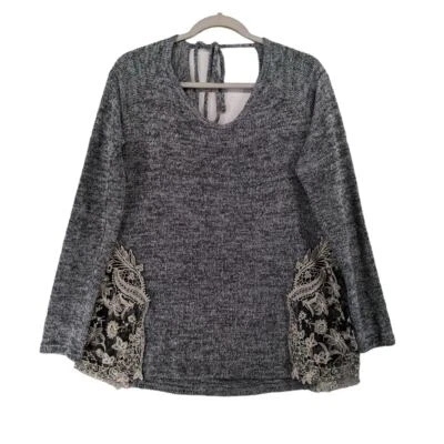 Charming Charlie Embroidered Sweater L Black Long Sleeve Accent Knit Tie in Back - Image 1 of 4