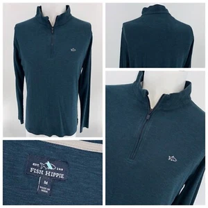Fish Hippie 1/4 Zip Pullover M Men Teal Blue Cotton Modal Made India YGI Q4-77 - Picture 1 of 11