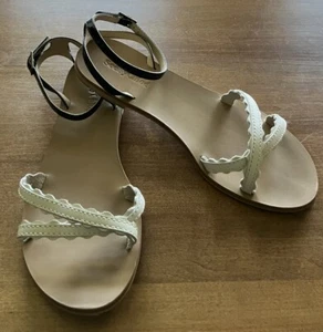 SEE BY CHLOE Leather Ankle Strap Flat Sandals sz 38 Black White - Picture 1 of 7
