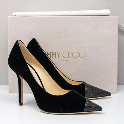 Jimmy Choo Love 100, Talla 37 (7 EE. UU.) Tacones Asimétricos Negro Brillo Terciopelo Foto 1 de 4