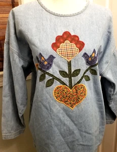 Art To Wear Denim Pullover Large Embroidery Applique Flowers Primitive Sweet SLC - Picture 1 of 11