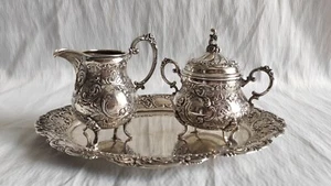 Antike Silberset,800er Silber, Milch-Zucker-Kännchen, Tablett. Jugendstil. - Bild 1 von 11
