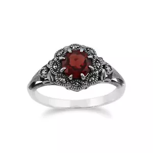 Estilo Art Nouveau Redondo Granate Y Marcasita Floral Anillo En 925 Plata de Ley - Imagen 1 de 4