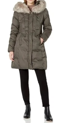 Abrigo acolchado Via Spiga para mujer de piel sintética recortado con capucha cintura ceñida longitud media XS  Foto 1 de 3