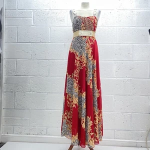 AZARA RED CHAIN PRINT MAXI DRESS WOVEN CHIFFON GOLD SLEEVELESS FLARE UK M/L - Picture 1 of 6