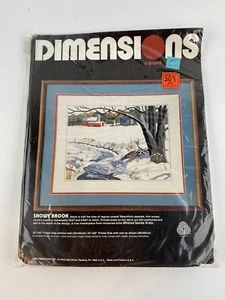 Snowy Brook Winter red barn farm scene crewel embroidery Dimensions 1984 Vintage - Picture 1 of 2
