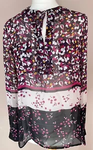 Top Tommy Hilfiger Talla XS S Mujer Floral Negro Púrpura Mangas Largas Cuello Corbata - Imagen 1 de 4