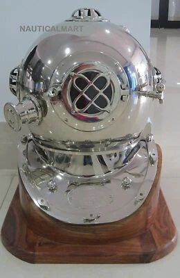 Nautical Replica U.S Navy Mark IV Chrome Divers Diving Helmet With Wooden Base - Image 1 of 3
