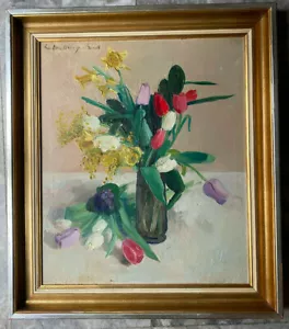 ::LEO VAN DROOGENBROECK *1905 -1995 STILLLEBEN TULPEN UM 1940 SIGNIERT ÖLGEMÄLDE - Bild 1 von 9