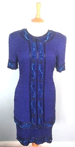 Stenay VINTAGE 80s DRESS Sequined & Beaded Silk ROYAL BLUE Evening fits 10 UK S - Picture 1 of 12