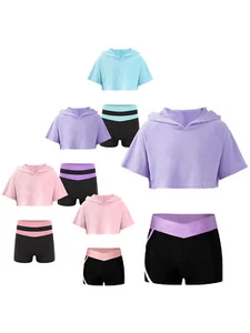 Girls Sportwear Contrast Dance Outfit With Shorts Dancewear Performance Costume - Picture 1 of 58