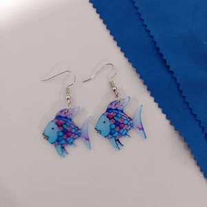 Novelty Story Blue Rainbow Fish Dangle Earrings Silver Hooks Party Free Postage - Picture 1 of 2