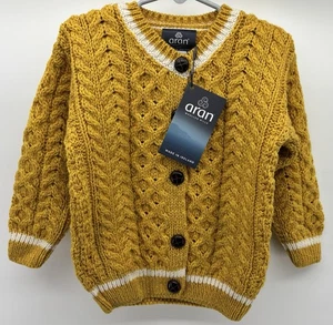 Aran Mills Kinder S senfgelb Streifen Strick Merinowolle Knopf Strickjacke Irland - Bild 1 von 5