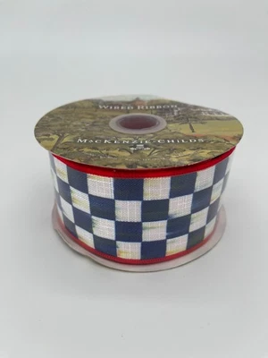 Mackenzie Childs 2" Royal Check Red Trim Wired Ribbon UNUSED 10 Yards - Image 1 of 3