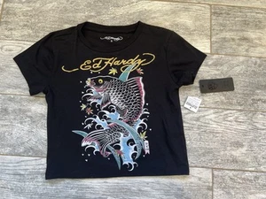 Ed Hardy NYC Graphic T-shirt Baby Tee Shirt EHW1104 NWT black Crop Y2K 80s Small - Picture 1 of 8
