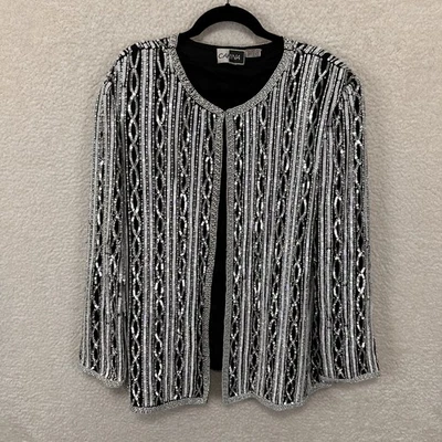 Blazer feminino vintage Carina de seda com lantejoulas e miçangas 1X prata preto branco jaqueta de noite - Imagem 1 de 4