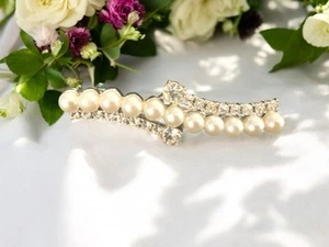Bridal Hair Barrette Clip Faux Pearl Crystal Silver Wedding Accessories Gift - Picture 1 of 9