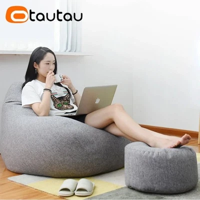 Round Stool Linen Bean Bag Ottoman Beanbag Pouf Footstool Sofa UK - Image 1 of 4