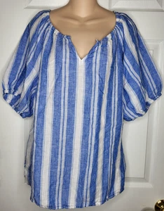 Talbots Plus Top 100% Linen Size 1X Blue/White Stripe Pullover Blouse Boho Chic - Picture 1 of 6