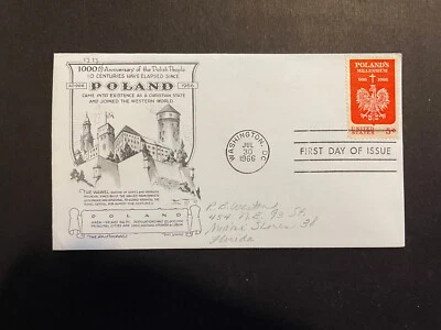 USA, 1000th Anniversary of the Polish People, FDC 1966, Sc #1313, 5c. Crisp! - Image 1 of 2