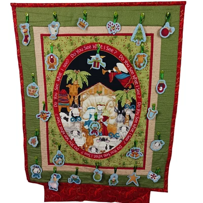 Christmas Advent Calendar Quilted Ribbon Patches Whimsical Nativity 40"x30" - Image 1 of 4