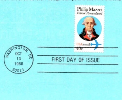 USPS FDC First Day Cover Souvenir Sheet Philip Mazzei Airmail Stamp Scott #C98 - Image 1 of 2
