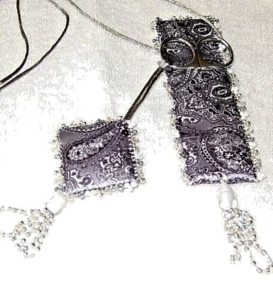 Gray & White Paisley Beaded Ribbon Scissor Case & Pincushion W/ Scissor - NEW - Image 1 of 3