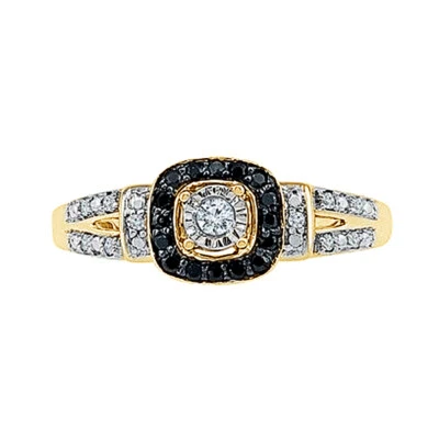 Anillo de compromiso halo chapado en oro amarillo de 14 quilates con diamantes reales blancos y negros de 0,20 quilates Foto 1 de 4