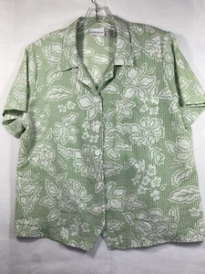 Alfred Dunner Womens Button Up Shirt Size 16 Green White Flowers Checks Textured - Picture 1 of 8