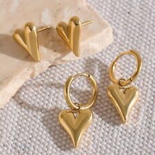 18k Yellow Gold Plated Silver Drop Stud Heart Hoop Earrings Jewelry for Women