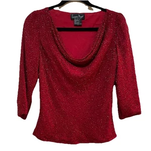 VTG LAURENCE KAZAR Red 100% Silk Beaded Draped Neck Coctail Top, Sz S - Picture 1 of 7