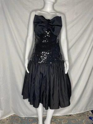 Vintage 80s Nadine Dress Bow Sequins Black Strapless Prom Union Label 9 Prom - Image 1 of 4