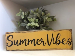 Hand painted Distressed Summer Vibes Wood Sign 12" x 3 1/2" x 3/4" - Picture 1 of 5
