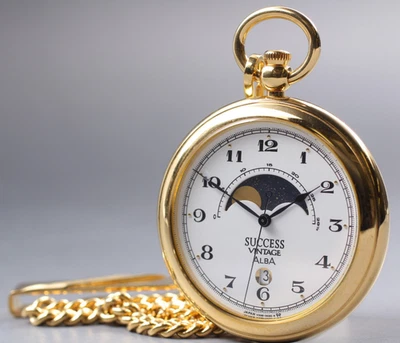 [N MINT] SEIKO ALBA SUCCESS V338-0010 Gold Moon Phase Quartz 40mm Pocket Watch - Image 1 of 4