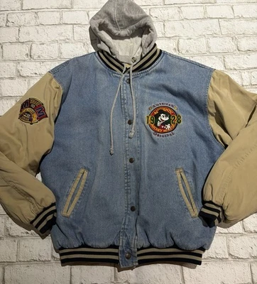Disney Mickey Mouse League Vintage 90s Denim Varsity Bomber Jean Jacket Mens L - Image 1 of 4