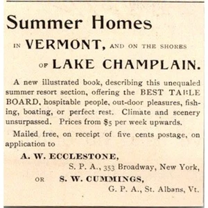Casas de verano en VT y Lake Champlain SW Cummings St Albans 1897 recorte SAJ1-H4 - Imagen 1 de 2