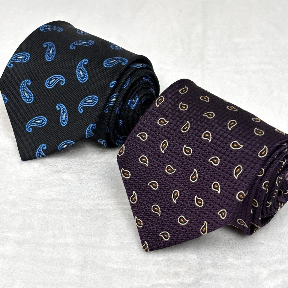 Lote de 2 Corbatas Jos A Bank Hechas en Italia Negro Azul Púrpura Cachemira 100% Seda Foto 1 de 4