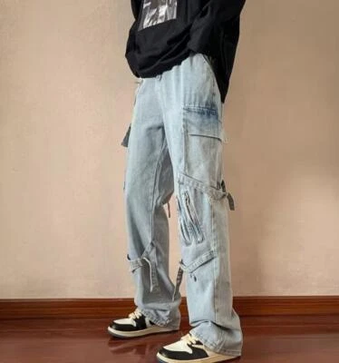 Pantalones de mezclilla para hombre de algodón con correa bolsillos pierna recta informales pantalones de mezclilla pantalones punk Foto 1 de 4