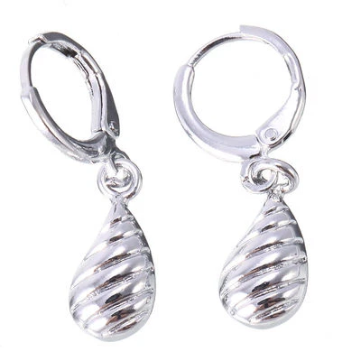 Lindos Nuevos Pendientes Colgantes Aro Mini Lágrima Llenos Oro Blanco 14K con Cierre de Palanca Foto 1 de 4