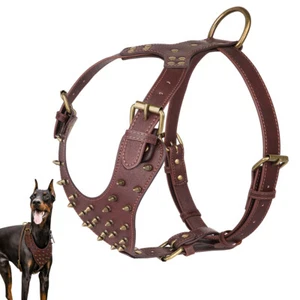 No Pull Soft Leather Dog Harness with Spiked Studded Heavy Duty Vest for Pitbull - Picture 1 of 10