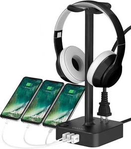 Headphone Stand with USB Charger Desk Gaming Headset Holder Hanger Rack - Picture 1 of 9