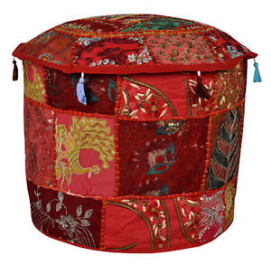 18" Indian Patchwork Round Ottoman Pouf Cover Vintage Moroccan Footstool Pouffe